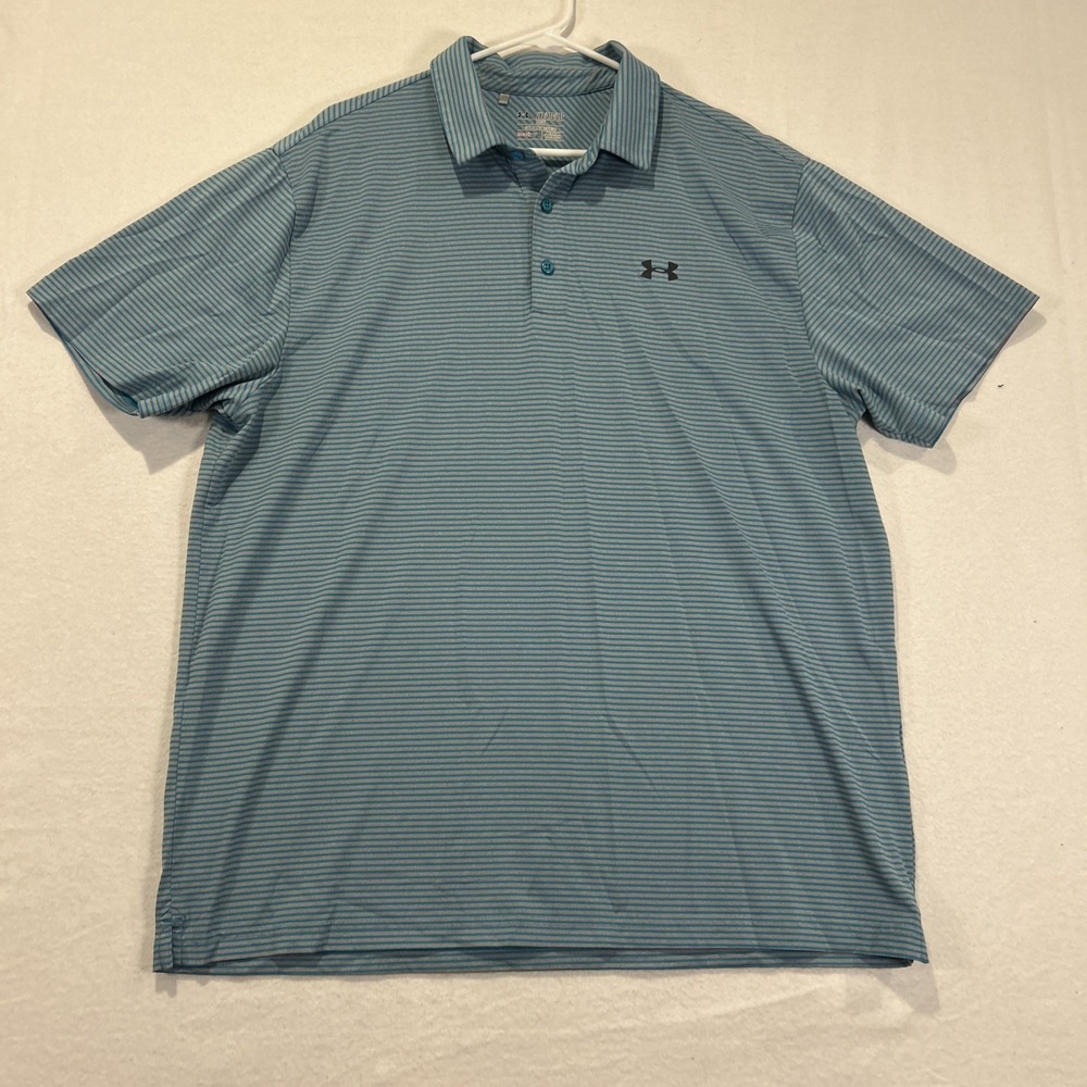 Under Armour Polo Shirt Mens 2XL Teal Golf Heatgear Loose Striped Short Sleeve